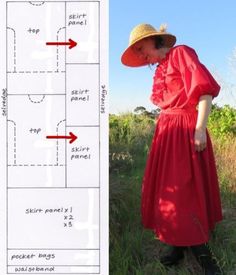 a woman in a red dress and straw hat standing next to a cut out pattern