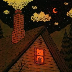 a drawing of a house with a cat looking out the window at the night sky