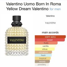 KLICK TO BUY: Introducing Born in Roma Yellow Dream by Valentino – a fragrance that captures the essence of a vibrant dream. Immerse yourself in the radiant top notes of citron and ginger, awakening your senses with a burst of freshness. The heart reveals the floral elegance of jasmine sambac, while the base notes of vanilla bourbon and cedarwood create a warm and enveloping embrace. Born in Roma Yellow Dream, where the luminosity of dreams meets the sophistication of Italian craftsmanship. Illuminate your presence with this captivating scent – a celebration of joy and timeless elegance. Men Hygiene, Valentino Uomo Born In Roma, Perfume Inspiration, Perfume Ingredients, Born In Roma, Vanilla Bourbon, Cologne Scents