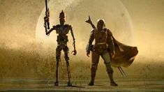 two sci - fi characters standing next to each other in front of a yellow background