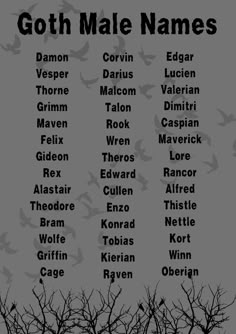 the names of goth male names on a black and white poster with trees in the background