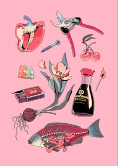 an image of various items that are on a pink background