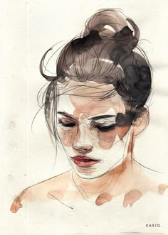 a watercolor painting of a woman's face with her hair in buns