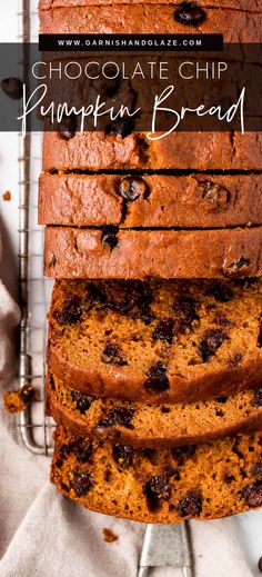 chocolate chip pumpkin bread is stacked on top of each other with the words, chocolate chip pumpkin bread