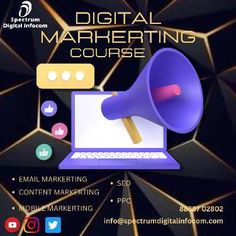 an advertisement for digital marketing course with a megaphone on top of a laptop computer