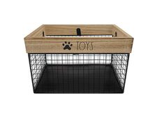 a dog crate with the word toys written on it's side and an animal paw print