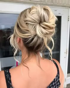 19 Most Beautiful Messy Updos For Long Hair Messy Upstyles For Medium Hair, Mother Of Bride Updos For Long Hair, Messy Bun Upstyle, High Updo Wedding Front View, Easy Long Hair Updo For Wedding, Textured French Roll Hair, Upstyles For Long Hair Wedding Guest, Bridesmaid High Updo Hairstyles, Upstyles For Wedding