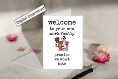 a greeting card featuring two cows and the words, welcome to your new work family