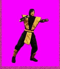 a man dressed in black and yellow with two swords on his hands, standing against a purple background