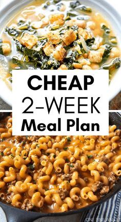 two week meal plan with pasta and spinach in a skillet on the side