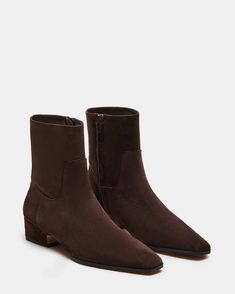 DUSTY Chocolate Brown Suede Ankle Bootie | Women's Booties – Steve Madden Short Heeled Boots, Women's Booties, Brown Suede Boots, Autumn Fashion Casual, 5 Inch Heels, Ankle Bootie, Toe Designs, Suede Booties, Suede Boots