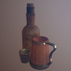 an old fashioned wooden pitcher and cup are on display in this still - life photo