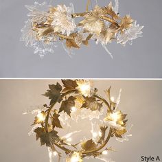 two pictures of a chandelier with leaves and flowers hanging from it's sides