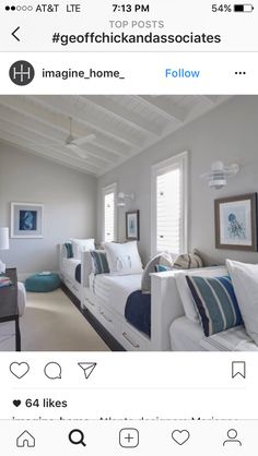 an image of a bedroom with white furniture and blue accents on the walls, along with two twin beds