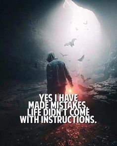 a man standing in front of a cave with bats flying around him and the words yes i have made misstakes, life didn't come with instructions