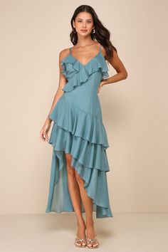 Gorgeous Pose Teal Asymmetrical Ruffled High-Low Midi Dress Side High Low Dress, Spring Graduation Dress, Aqua Blue Dress, High Low Midi Dress, Own It, Asymmetrical Dress, Dress 100, Fitted Bodice, Wedding Guest Outfit