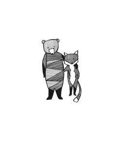 a drawing of two cats and a bear holding each other's tails while standing next to each other