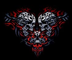 two skulls with red and black flames in the middle of their face, on a black background