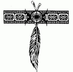 the cross with feathers on it is drawn in black and white, as well as an ornamental