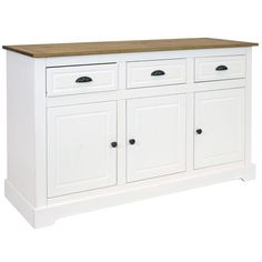 a white cabinet with three drawers and two doors on one side, an oak top