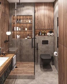 a modern bathroom with wooden walls and flooring