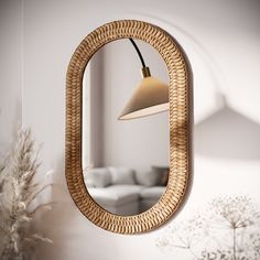 a mirror hanging on the wall next to a plant and a couch in a room