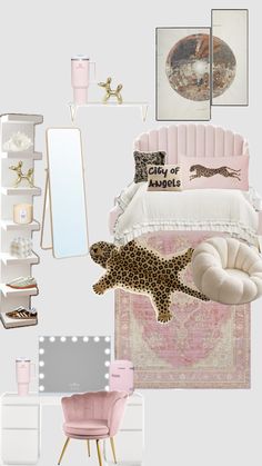 a bedroom with pink furniture and accessories