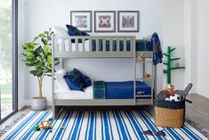 a child's bedroom with bunk beds and toys