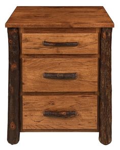 a wooden nightstand with three drawers and two handles