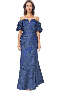 Off The Shoulder Gathered Puff Sleeve Brocade Gown with Notched Neckline Brocade Dress Modern, Brocade Gown, Sequin Skirt Long, Ombre Gown, Strapless Organza, Puff Sleeve Gown, Fit And Flare Gown, Organza Gowns, Cape Gown