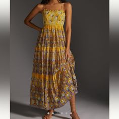 Beautiful Dress With Beading And Crochet Flowers On The Bodice Bohemian Yellow Dress For Spring, Spring Bohemian Yellow Dress, Fitted Yellow Sundress For Casual Wear, Fitted Yellow Sundress For Casual Occasions, Fitted Yellow Bohemian Midi Dress, Yellow Flowy Bohemian Sundress, Flowy Yellow Bohemian Sundress, Flowy Yellow Summer Dress, Yellow Flowy Dress For Casual Occasions