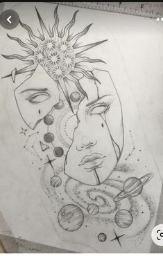 a pencil drawing of two faces with planets and sun in the sky above them on paper