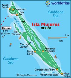 a map of the island of la mujerres in mexico with major cities and rivers