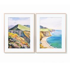 two framed paintings depicting the coastline and bridge