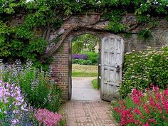 an old brick wall with flowers growing on it and a wooden door in the middle