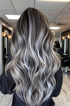 Platinum Highlights In Brown Hair, Root Melt Ash Blonde, Brown Hair With Grey Highlights, Silver Highlights On Brown Hair, Darker Highlights, Brown Hair With Silver Highlights, Grey Transition, Grey Balayage, Older Hair