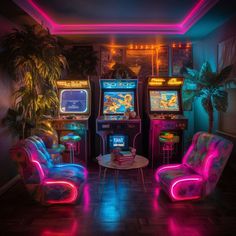 three chairs and two arcade machines in a room with neon lights on the walls,