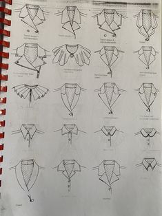 an open notebook with drawings of different types of collars and shirts on it's pages