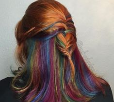 Auburn Hair With Color Blocking, Copper And Vivid Hair, Multicolor Peekaboo Hair, Jewel Tone Rainbow Hair, Brown Hair Rainbow Highlights, Red Rainbow Hair, Red Hair Peekaboo Highlights, Muted Rainbow Hair, Copper Peekaboo Hair