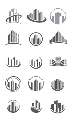 a set of nine logos with buildings and skyscrapers in different styles, including one for each city