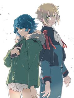 two anime characters standing next to each other