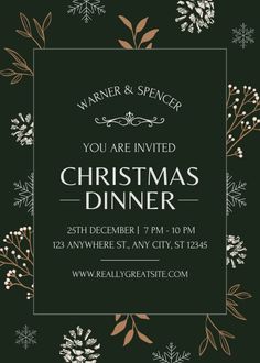 a christmas dinner flyer with flowers and greenery