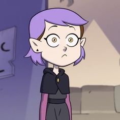 a cartoon character with purple hair and glasses standing in front of a clock on the wall