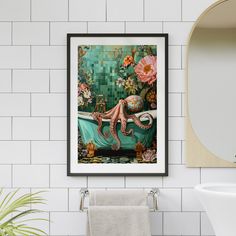 an octopus in a bathtub surrounded by flowers and plants is framed on the wall