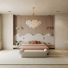 a bedroom with a large bed in the middle and a chandelier hanging from the ceiling