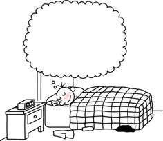 a person sleeping in bed with a thought bubble above them