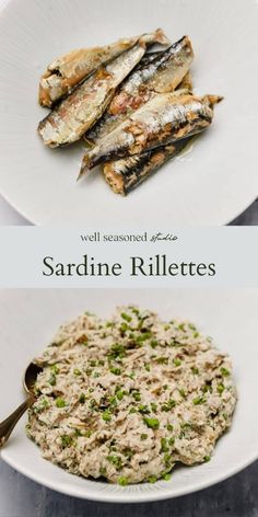 there are two plates with different types of food on the same plate, and one has an image of sardine rillets in it