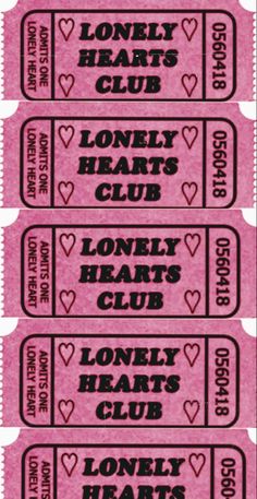 four pink tickets with hearts on them for the lonely hearts charity concert in london, england