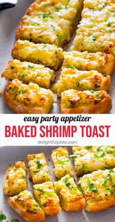 a tray of baked shrimp toast Puff Pastry Shrimp Appetizers, Texas Toast Appetizers, Party Shrimp Appetizers, Shrimp Bites Appetizers, Ciabatta Appetizer, Shrimp Hors D’oeuvres, Baked Shrimp Toast, Shrimp Bread, Shrimp Side Dish