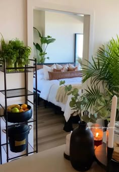 a bed room with a neatly made bed and some potted plants